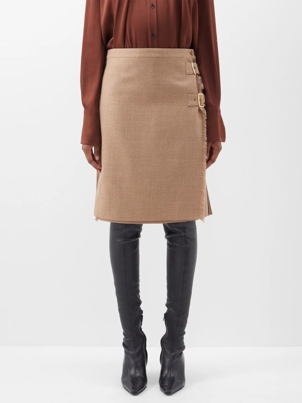 Pleated wool knee-length wrap skirt