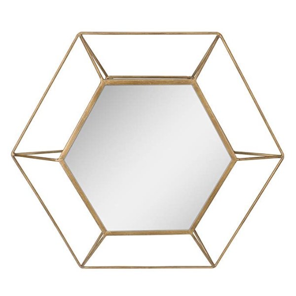 Decorative Antique Gold 24" Hexagon Metal Frame Hanging Wall Mirror with Mounting Brackets, Modern Geometric Decor for the Living Room, Bathroom, Bedroom, and Entryway