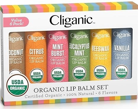 USDA Organic Lip Balm Set - 6 Flavors - 100% Natural Moisturizer for Cracked & Dry Lips
