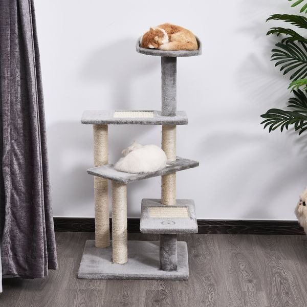 PawHut 40" 5-Level Revolving Stair Cat Tree Scratcher Climbing Activity Tower with Play Center and Resting Perch - Grey