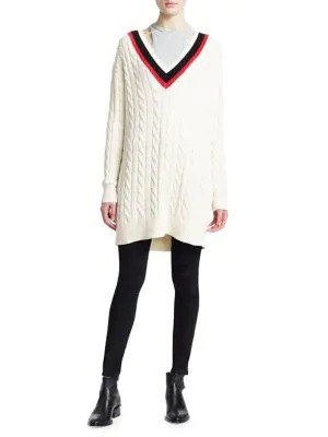 - Layered Varsity Longline Cable-Knit Sweater