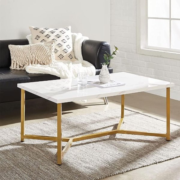 AZL1 Life Concept Marble Gold Mid Century Modern Rectangle Coffee Table, White