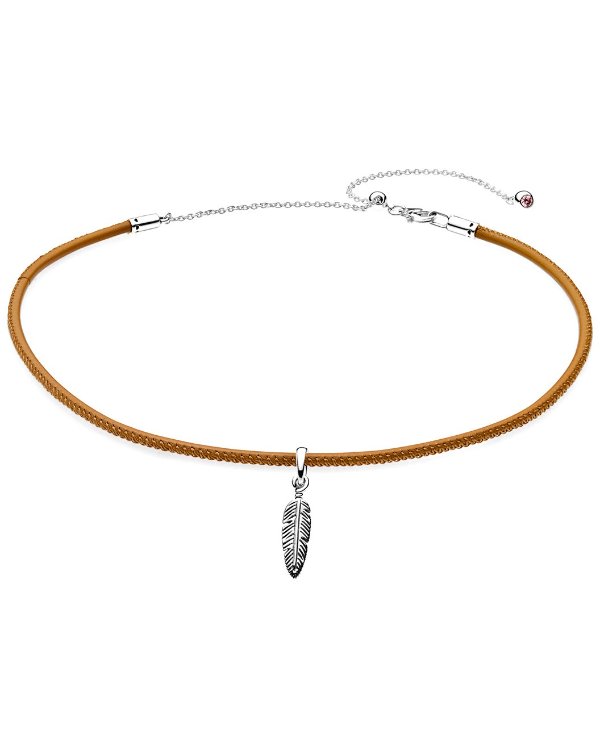 Silver & Golden Tan Leather Choker with Feather Charm Necklace