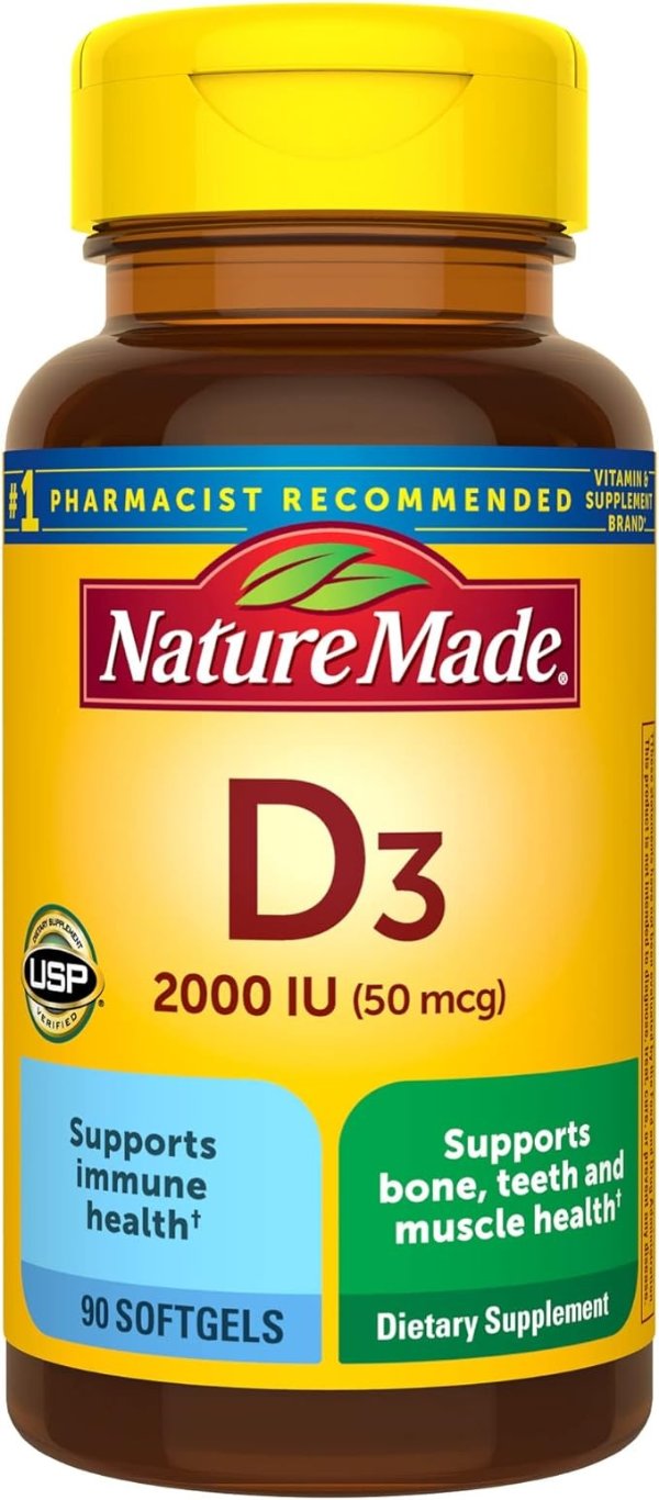 Vitamin D3 2000 IU (50 mcg), Dietary Supplement for Bone, Teeth, Muscle and Immune Health Support, 90 Softgels, 90 Day Supply