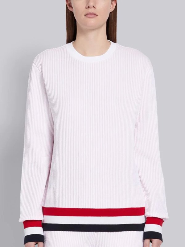 Pink Cotton Seersucker Tri-color Trim Crewneck Sweatshirt | Thom Browne Official