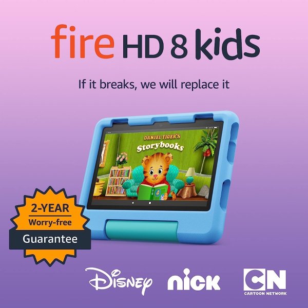 Fire HD 8 Kids tablet, ages 3-7. Top-selling 8" kids tablet on. Set time limits, age filters, educational goals, and more with parental controls, Blue