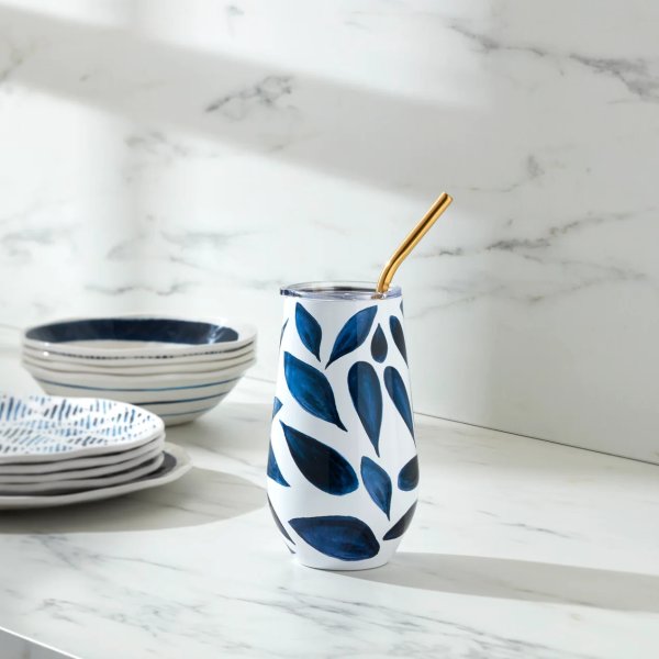 Lenox 895729 Blue Bay Ikat Pattern Stainless Steel Tumbler with Straw