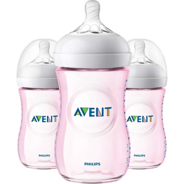 Avent 9盎司防胀气奶瓶3个装，粉色