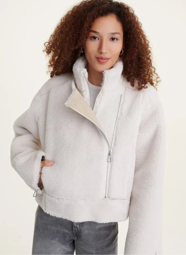 Cropped Faux Shearling Jacket With Satin Trim