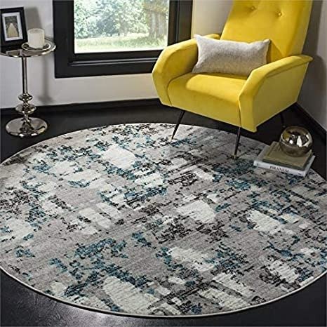 Skyler Collection 4' Round Grey/Blue SKY193B Modern Abstract Non-Shedding Dining Room Entryway Foyer Living Room Bedroom Area Rug