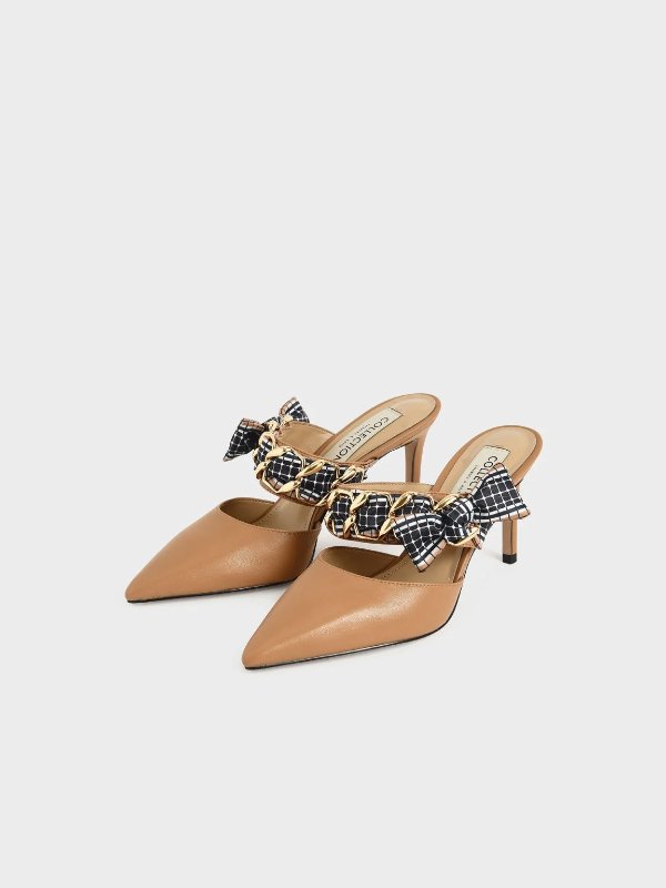 Printed Fabric Bow Leather Mules - Caramel