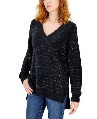 Women's Fuzzy Oversized Metallic-Stripe V-Neck Sweater, Created for Macy's