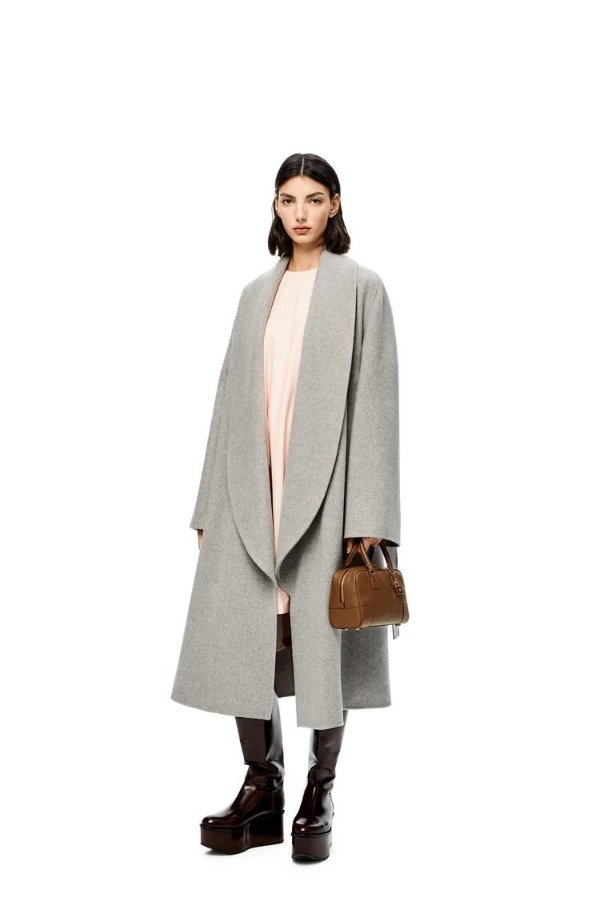 Shawl collar wrap coat in wool and cashmere Grey - LOEWE