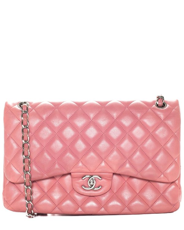 Pink Quilted Leather Double Flap Bag 链条包