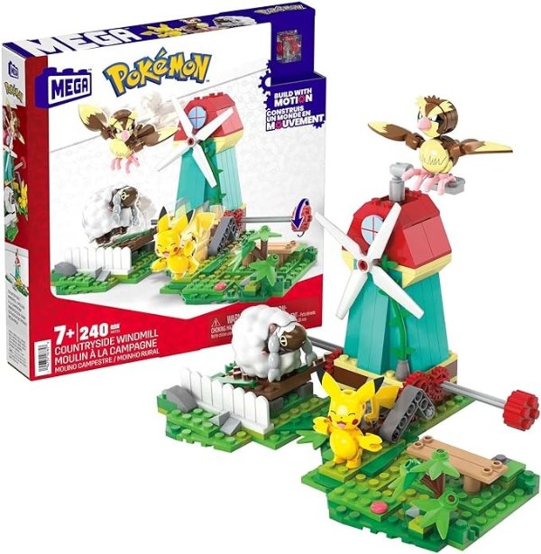 Pokemon Action Figure Building Toy Set, Countryside Windmill with 240 Pieces, Motion and 3 Poseable Characters, Gift Idea for Kids
