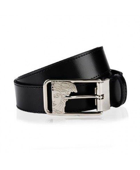 Collection Men's Belt with Medusa Head Buckle - Smooth Leather - Black