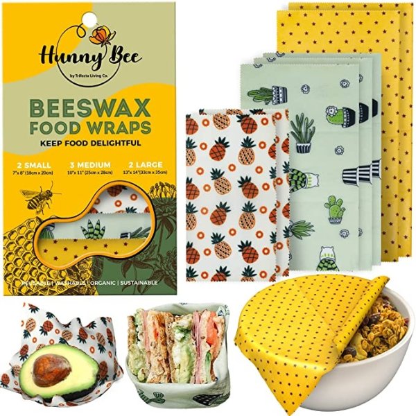 HUNNYBEEE Beeswax Reusable Food Wraps - (7 packs) Beeswax Wrap Sustainable Products, Organic Wax Wrap, Eco-friendly Bees Wrap, Organization Storage Bags, Cheese Bee Wrappers Cling, Wax Paper for Food