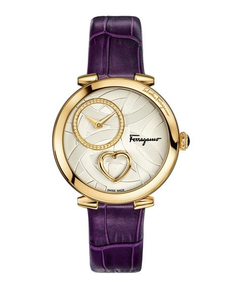 Coure Ferragamo 39mm Diamond-Dial Watch w/ Leather Strap Purple