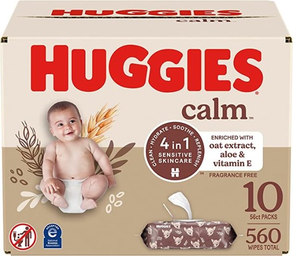 Baby Wipes, Huggies Calm Baby Diaper Wipes, Unscented, Hypoallergenic, 10 Push Button Packs (560 Wipes Total)