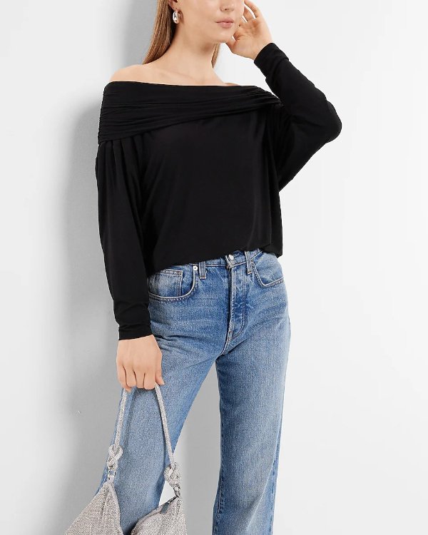 Off The Shoulder Dolman Sleeve Ruched Overlay Top