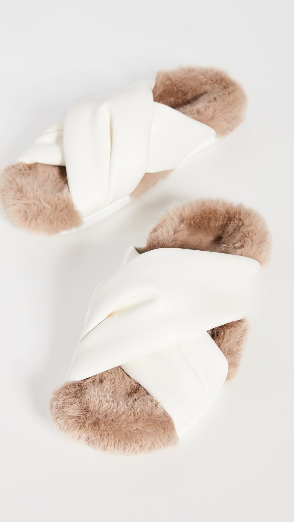 Cross Strap Slides with Shearling Lining