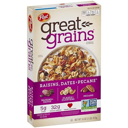 Great Grains Raisins Dates and Pecans Breakfast Cereal, Raisin Cereal with Sweet Dates and Granola Clusters, Non-GMO Project Verified, 16 OZ Box