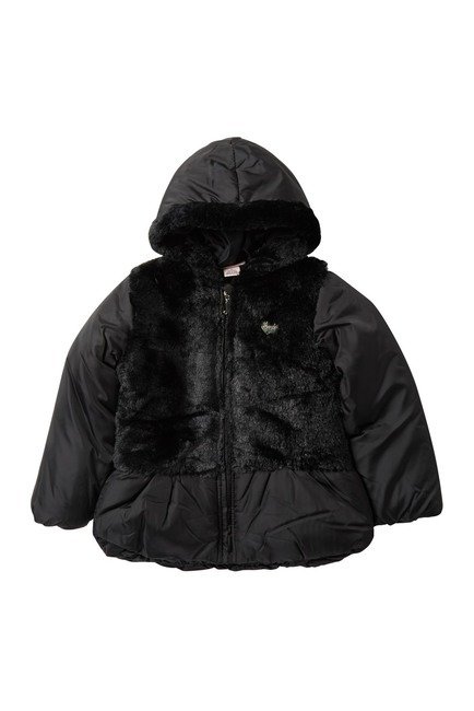 Black Faux Fur Trimmed Puffer Jacket (Little Girls)