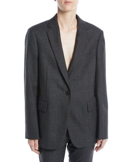 One-Button Notched-Collar Worsted Wool Check Oversized Jacket