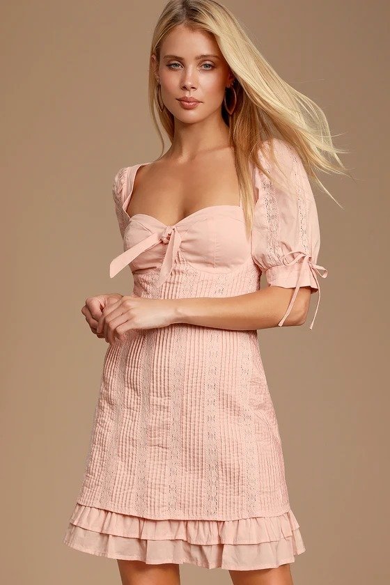 Ryleigh Blush Pink Tie-Front Pleated Lace Mini Dress