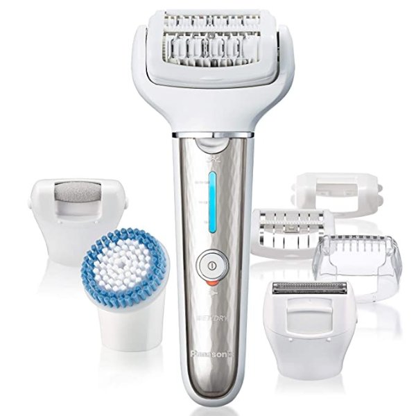 Cordless Shaver & Epilator for Women With 7 Attachments, Gentle Wet/Dry Hair Removal, Foot Scrubber & Body Cleansing Brush, ES-EL9A-S