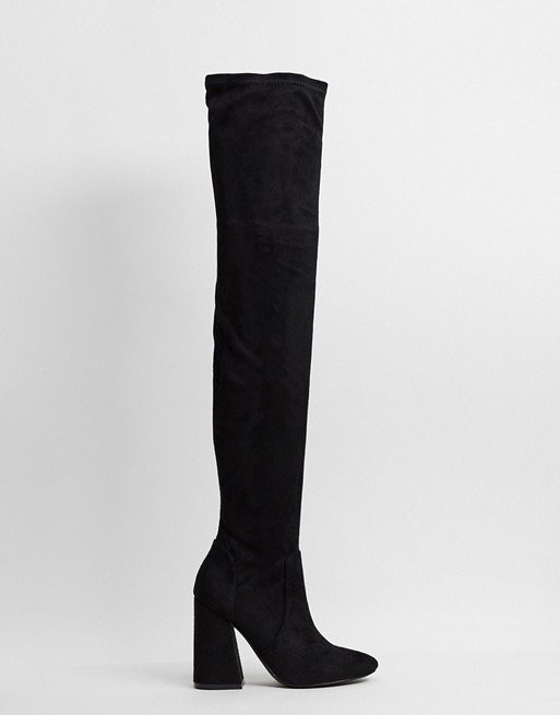 Keeper heeled thigh high boots in black 