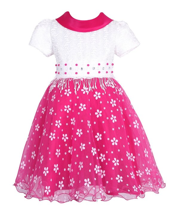 Pink & White Floral Puff-Sleeve A-Line Dress - Girls