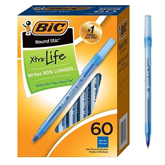 Round Stic Xtra Life Ballpoint Pen, Medium Point (1.0mm), Blue, 60-Count