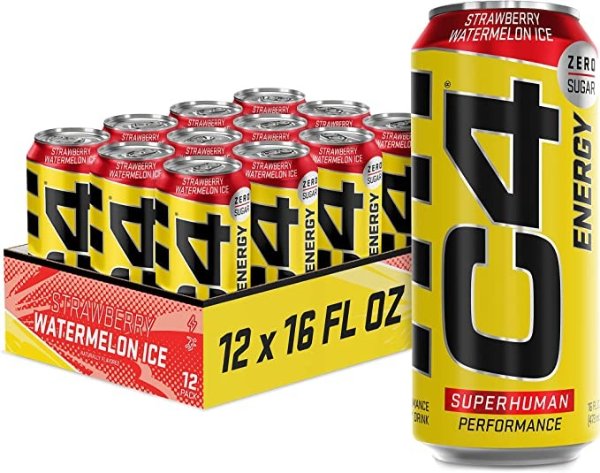 C4 Energy Drink 16oz (Pack of 12) - Strawberry Watermelon Ice - Sugar Free Pre Workout Performance Drink with No Artificial Colors or Dyes