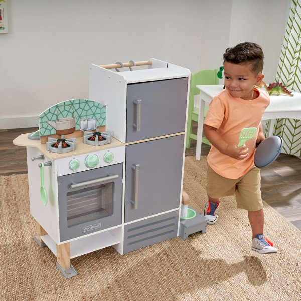 Wooden 2-in-1 Kitchen and Laundry Play Set with Lights, Sounds and 10 Accessories
