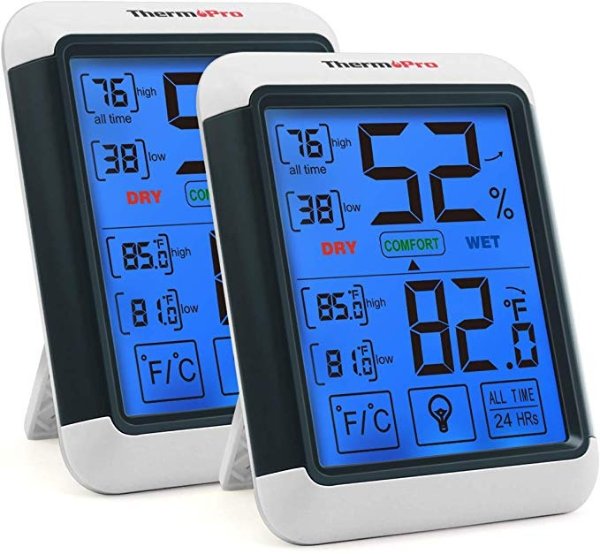 ThermoPro TP55 2 Pieces Digital Hygrometer Indoor Thermometer Humidity Gauge with Jumbo Touchscreen and Backlight Temperature Humidity Monitor
