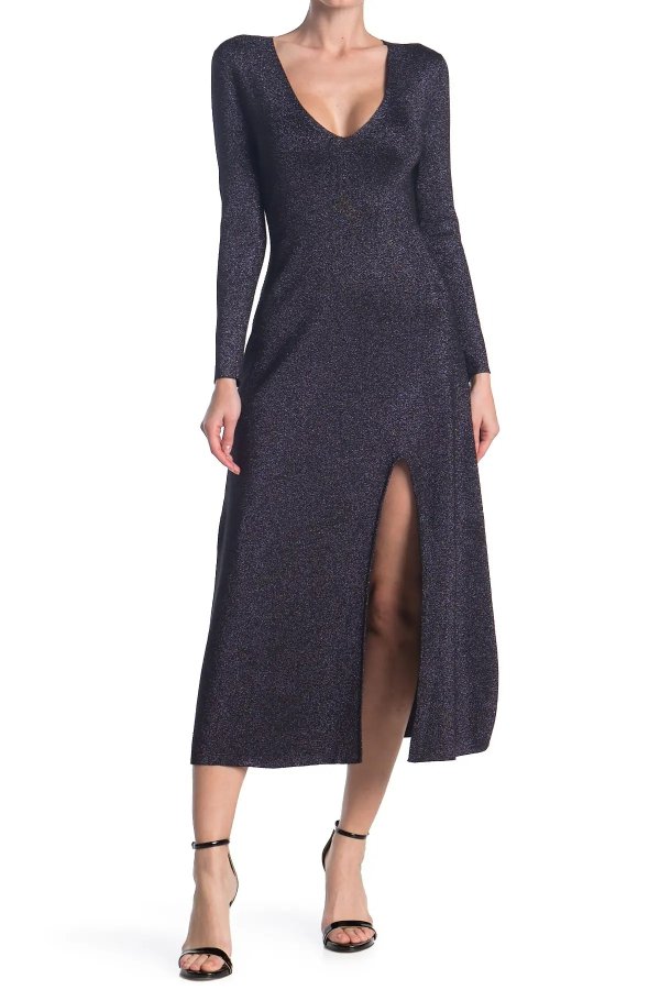 Serafina Shimmer Knit Slit Midi Dress