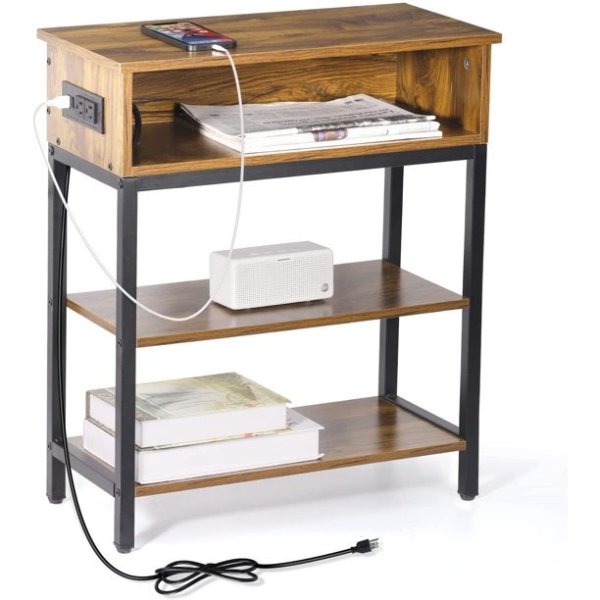 Oumilen Western Home End Table 3 Layers with Storage Shelf and Build-In Fast Charging Station with USB Ports