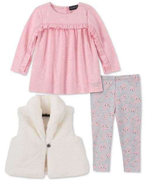 Baby Girls 3-Pc. Faux-Fur Vest, Ruffled Top & Floral-Print Leggings Set