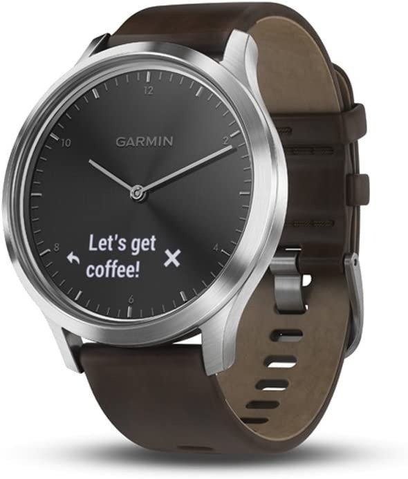 vivomove HR, Hybrid Smartwatch for Men and Women, Black/Silver with Dark Brown Leather Band