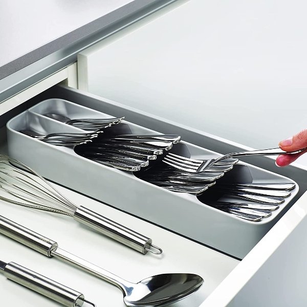 DrawerStore Compact Cutlery Organizer Kitchen Drawer Tray, Small, Gray