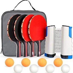 Fostoy Table Tennis Set, 4 Ping Pong Paddles with 8 Table Tennis Balls and Retractable Ping Pong Net, Ideal Indoor and Outdoor Ping Pong Sets, Perfect for Professional and Recreational Games