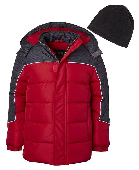Little Boys Solid Contrast Puffer with Fleece Hat