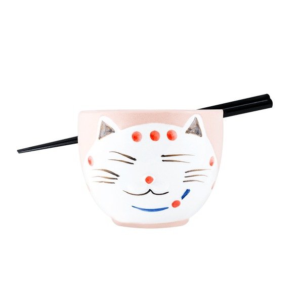 日式碗筷套装 插筷子碗带孔 泡面碗汤碗拉面碗 粉红猫