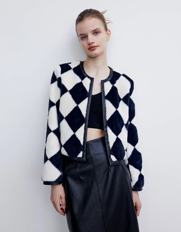 Checkered Faux Fur Jacket