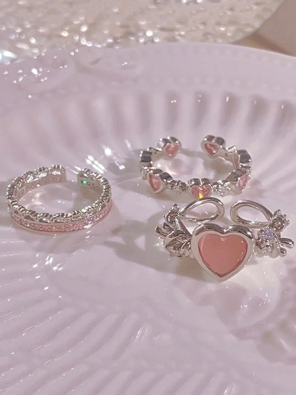 3pcs Fashionable Open Ring With Heart Shaped Rhinestone Decoration, Suitable For Women's Daily Wear