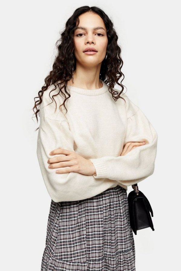 Neutral Pleated Shoulder Cropped Sweater