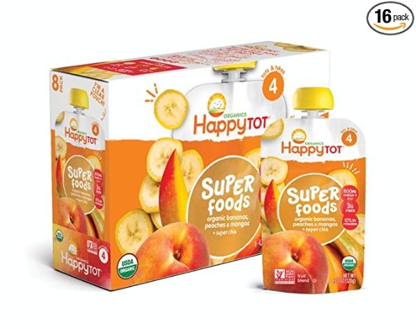 Happy Tot Organic Super Foods Bananas Peaches & Mangos + Super Chia, 4.22 Ounce Pouch (Pack of 16) (Packaging May Vary)