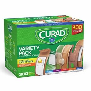 Curad Assorted Bandages Variety Pack 300 Pieces, including antibacterial, heavy duty, fabric, and waterproof bandages
