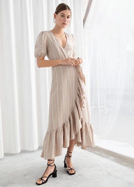 Ruffled Linen Wrap Midi Dress